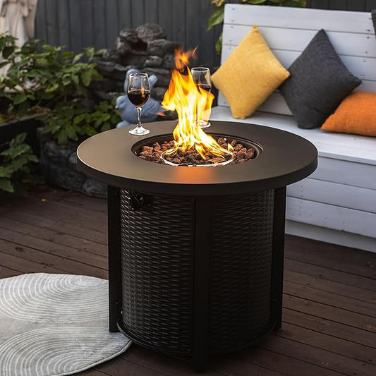 30" Propane Gas Fire Pit Table, 50000 BTU Round Steel Fire Pit Steel Lid & Lava Rock for Outside Patio Deck Garden Courtyard-Black