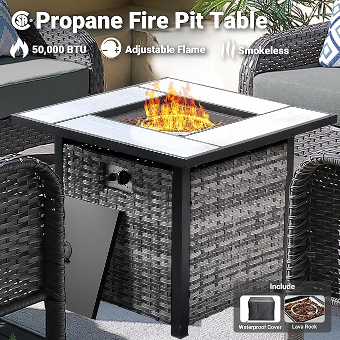 ovios 4 Pieces Patio Furniture Set with 30" Fire Pit Table, Outdoor Wicker Chairs of 4, All Weather High Back Rattan Chairs 4-Seater with Comfy Cushions, Dark Grey