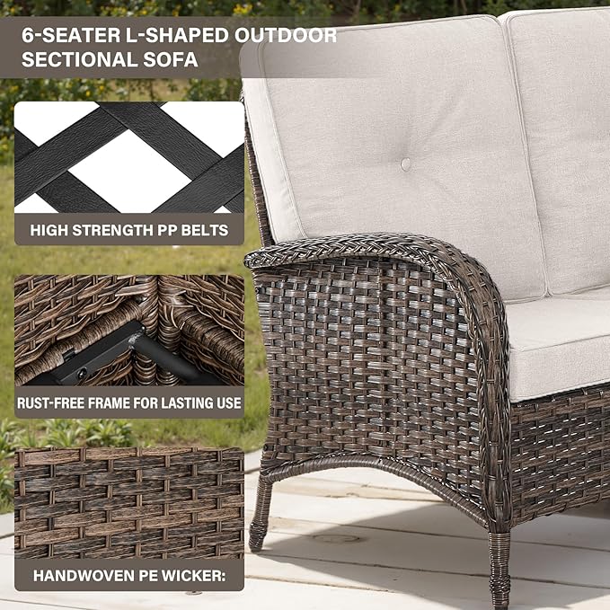 Belord Outdoor Furniture Set - 6 Pieces Patio Conversation Sectional Sofa Set with Swivel Rocker Outdoor Chairs Set of 2 and Wicker Coffee Table for Deck Backyard Sunroom Brown