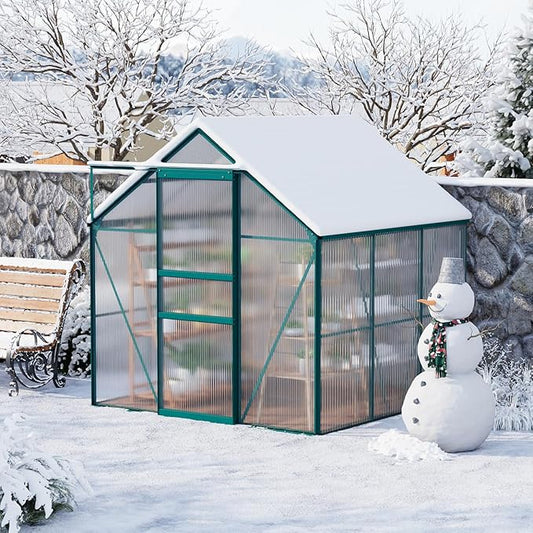 GarveeHome 6 x 6 FT Polycarbonate Greenhouse, Winter Greenhouses for Outdoors with Aluminum Frame, Sliding Door, Adjustable Roof Vent, Backyard Green Houses, Patio Garden, Green