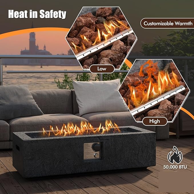 Tangkula 42.5 Inches Outdoor Propane Fire Pit Table, 50,000 BTU Rectangular Magnesium Oxide Gas Firepit with Stainless Steel Burner, Lava Rock and Protective Cover