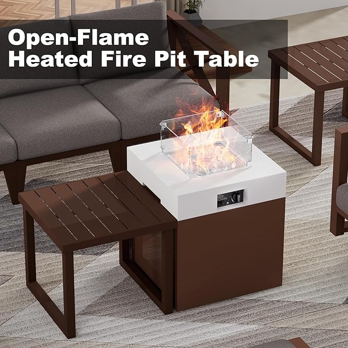 22" Aluminum Fire Pit Table, 37,000 BTU Gas Firepit for Outdoor Patio Deck and Garden, CSA Certified Fire Pit with Lid, Waterproof Cover, Glass Wind Guard and Glass Stone, Brown