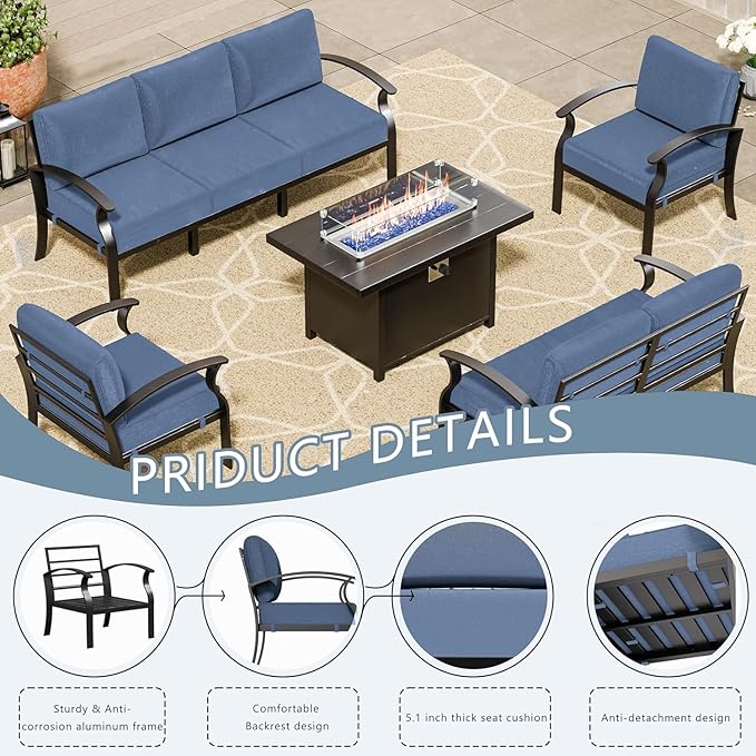 Aluminum Patio Furniture Set with Fire Pit Table, 7 Seats Outdoor Patio Conversation Set Modern Metal Patio Sectional Sofa with Upgrade Cushions for Patio, Backyard (Navy)
