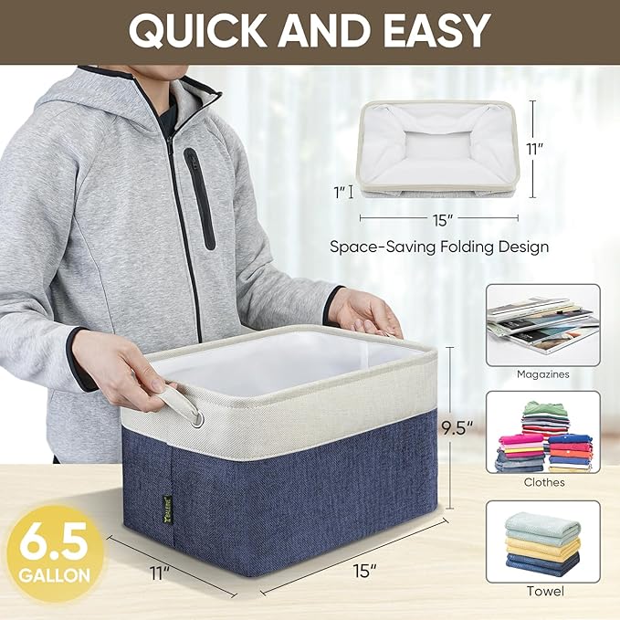 BALEINE 2 Pack Fabric Storage Bins for Shelves, Linen Storage Baskets for Organizing, Decorative Closet Bins for Clothes, Home (Navy Blue, 15"x11"x9.5") ﻿