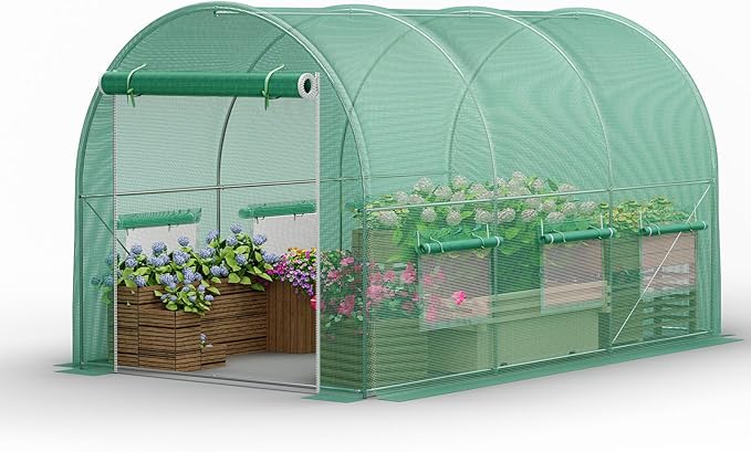 Walk-in Greenhouse 11.5×7×7FT, Outdoor Tunnel Greenhouse, Large Plant Hoop House for Outside, Hot House for Winter with 6 Ventilated Mesh Windows, Galvanized Steel Frame (Green, 11.5×7×7FT)