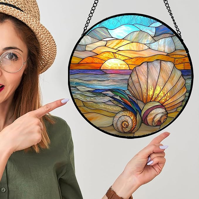 AMDERVEN Stained Glass Window Hanging - Colorful Beach Shells Conch Sun Catcher for Door Home Decor Ocean Suncatcher Christmas Mother's Day Birthday Sea Lover Gifts for Women Men Mom Nana 9.8 in
