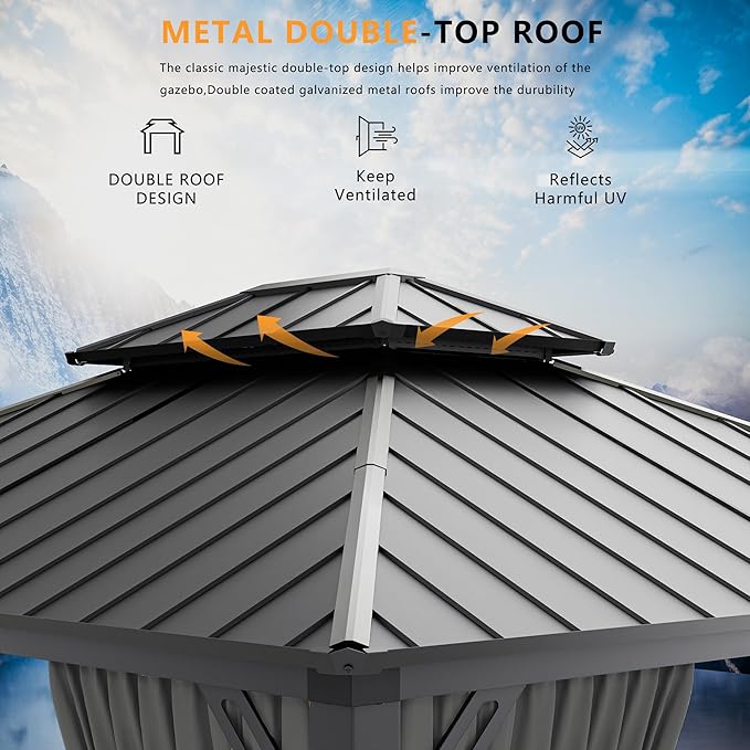 12’x20’ Hardtop Gazebo Outdoor Aluminum Frame Permanent Gazebo Galvanized Steel Double Roof Gazebos with Nettings and Curtains for Patio, Lawns,Backyard, Deck(Grey)