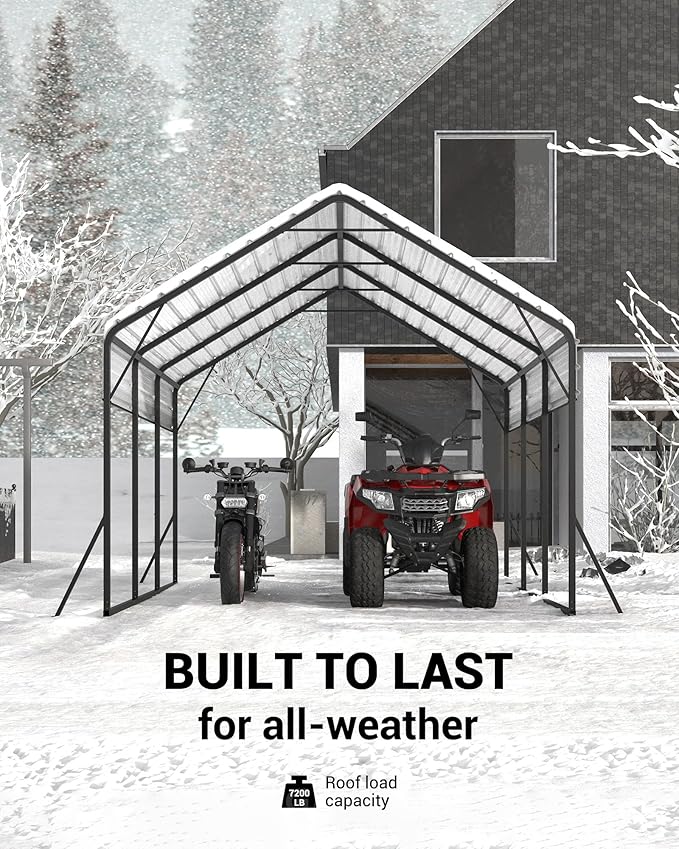 13x16 FT Metal Carport Heavy Duty Car Ports Reinforced Frame, Galvanized Steel Roof and Enhanced Base All-Weather Outdoor Shelter for Cars, Bass Boats, Full-Sized Pickup Trucks, Tractors