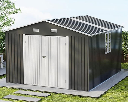VanAcc 10x12x7 FT Outdoor Storage Shed with 2 Transparent Panels, Metal Garden Shed with Hinged Double Doors, 2 Windows & 4 Vents, Reinforced Steel Frame for Backyard, Garden, Dark Gray