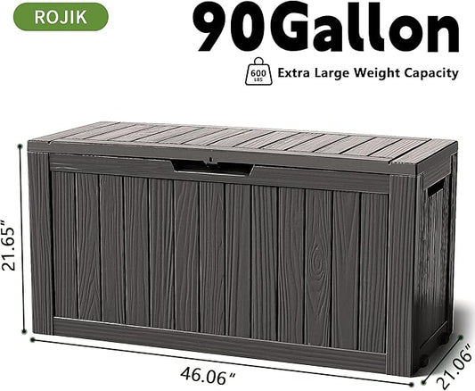 ROJIK Outdoor Storage Housing Deck Box - Waterproof Patio Furniture, Garden Tools, Cushions, Pool Accessories Storage Bench with Lockable Lid and Side Handles (Black 90 Gal)