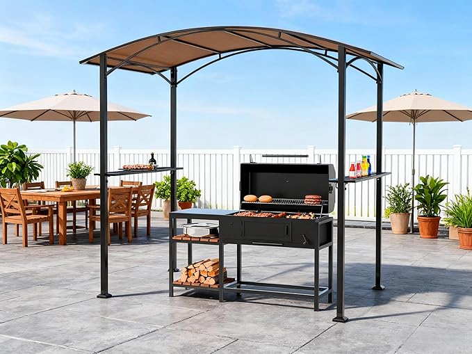 8x5 Metal Grill Gazebo - Outdoor BBQ Canopy Shelter with 2 Side Shelves for Patio Backyard Grilling and Barbecue Picnic,Brown