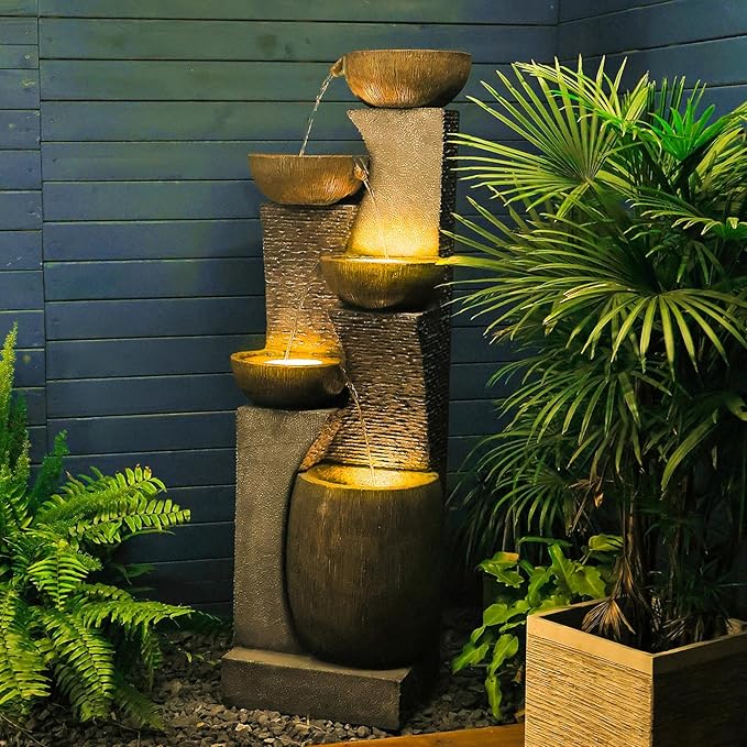 Bumilgar Outdoor Water Fountain - 51.4 Inches 5 Tired Modern Indoor Floor Standing Outdoors Fountains with Lights Pump for Garden Patio Backyard Porch Home Art Decor