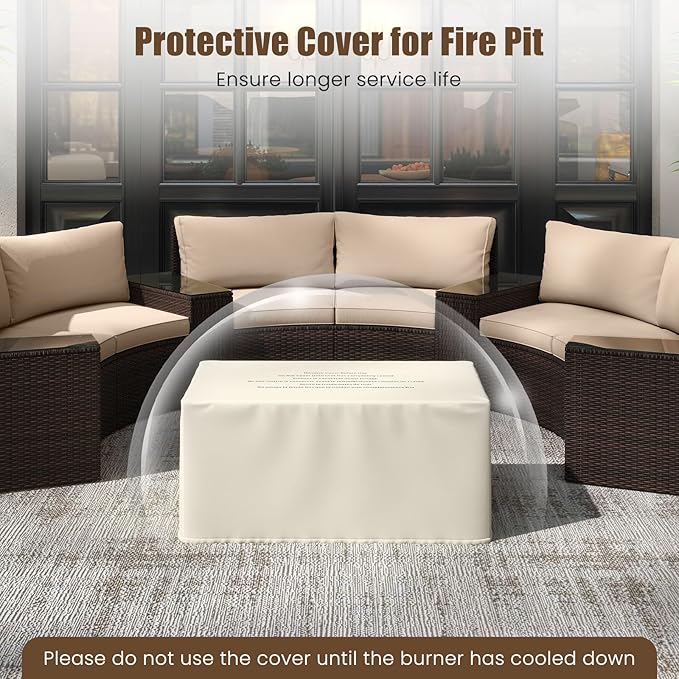 Tangkula 2 Piece Propane Fire Pit Table Set with Tank Cover, Outdoor Rattan Gas Firepit with Lid, Tempered Glass Tabletop, Protective Cover, 40,000 BTU Rectangle Fire Table Set for Outside (Mix Brown)