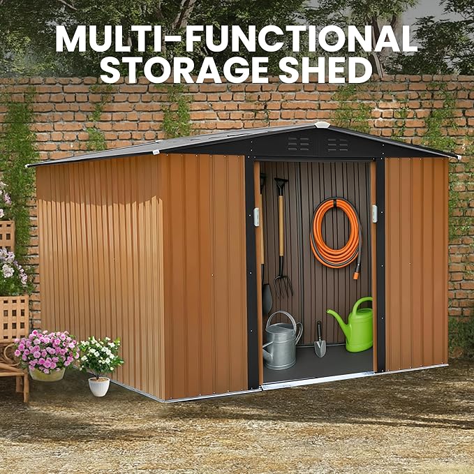 8x6 FT Outdoor Storage Shed Tool Shed Garden Shed with Lockable Door and Sloping Roof, Durable Metal Storage Shed for Backyard, Outside, Patio, Coffee