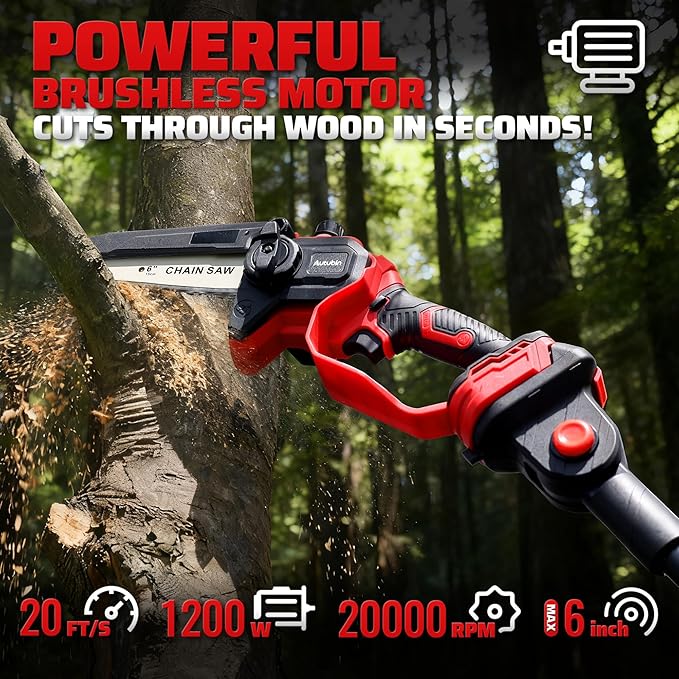 Autubin 6'' Cordless 2-in 1 Pole Saw Mini Chainsaw, Extendable Electric Pole Saw for Tree Trimming, Brushless Motor, Battery Operated with 2*4.0Ah Batteries&Charger, Extension Pole for 16 FT Max Reach