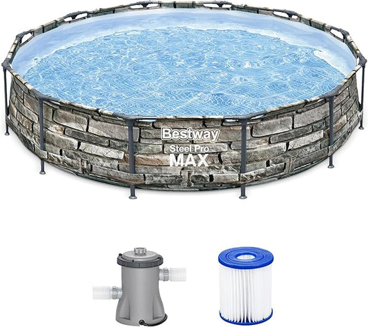 Bestway Steel Pro MAX 12' x 30" Above Ground Pool, Round Metal Frame Outdoor Swimming Pool Set with Filter Pump & Type I Cartridge, Stone Print