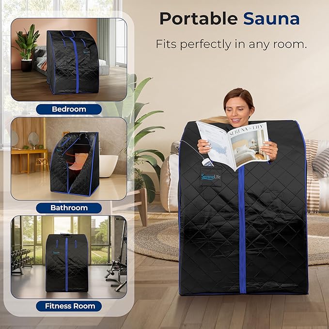 SereneLife Portable Sauna Box for Home, Infrared Sauna Tent with Heated Foot Pad and Folding Chair, Remote Control In-Home Spa, 38" x 32”