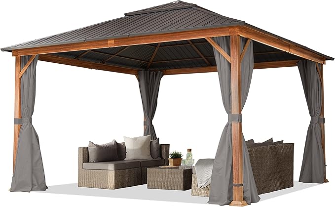 TOOLPORT Hardtop Gazebo 13x13 ft - Wood-Effect Finish - Steel Roof - 4 Side Panels in Gray