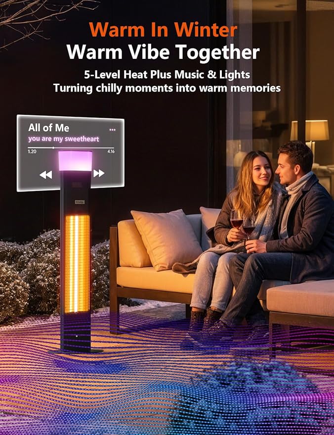 Outdoor Electric Patio Heater, Built-in Speaker & RGB Mood Light, 43 inch, 1500W Infrared Tower Heater with 5-Heat Levels, IP65 Waterproof, 24H Timer, Aluminum Unibody, For Garage, Bedroom, Deck Use