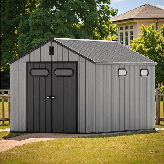 CRESTLIVE 8x12 FT Rust-Resistant Plastic Outdoor Storage Shed, Waterproof Resin Garden Shed with Floor, Doors, Skylight & Vent for Lawn Tools & Bikes