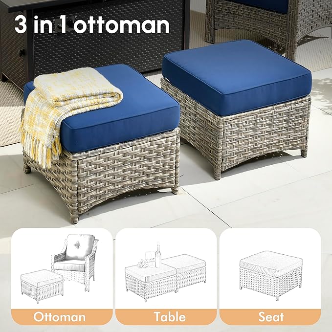 6 Pieces Patio Outdoor Furniture Set,All Weather Wicker Rattan Patio Seating Sofa and Chair Set w/Ottoman and Glowing Coffee Table,Outdoor Conversation Sets for Deck Yard Garden,Navy Blue