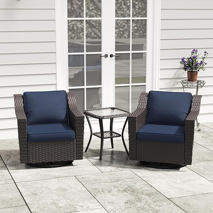 3 Pieces Patio Conversation Furniture Set - 2 Swivel Chairs, 1 Side Table, Outdoor Wicker Rocking Glider Armchairs with Washable and Water-Resistant Cushions for Balcony, (Navy Blue)