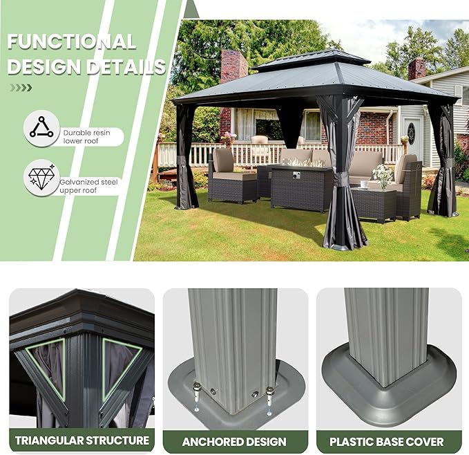 Domi 10' X 14' Hardtop Gazebo, Upgraded Metal Gazebo with Dual-Layer Resin Roof, Drainage System, Curtain and Netting, Outdoor Shelter Canopy for Patio, Garden, and Backyard, Grey