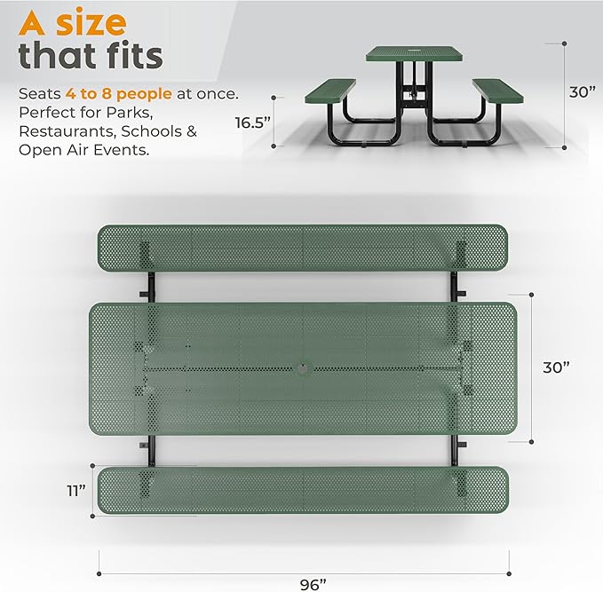 OUTTANS Commercial Heavy-Duty Metal Picnic Table - ADA Compliant, Adjustable Seats, Umbrella Hole (Green, 8' Rectangular, Punched Steel)