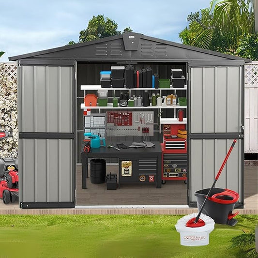 8.2x6.2ft Outdoor Storage Shed, Galvanized Steel Garden Shed with Gable Roof, Lockable Double Doors and 32 Air Vents, Large Utility Tool Storage for Backyard Patio