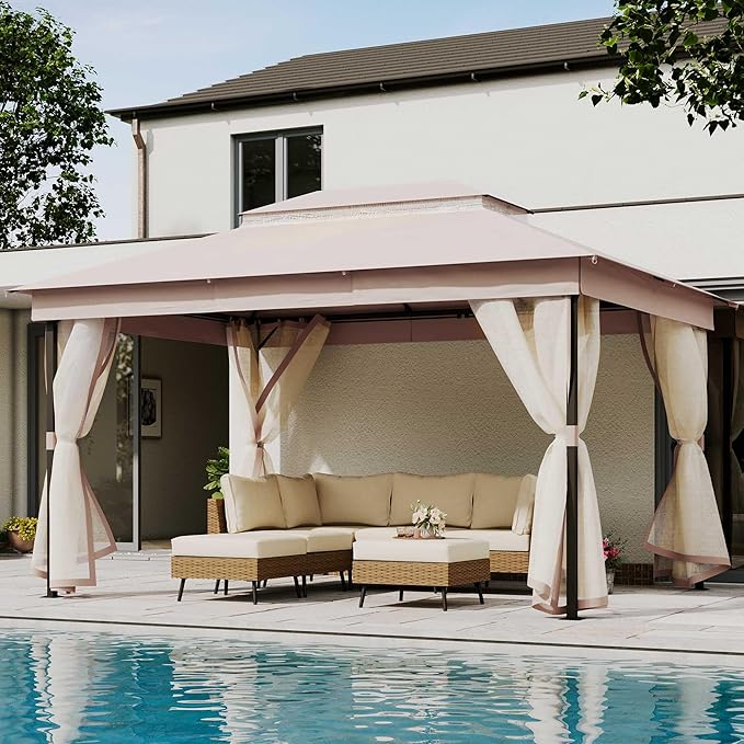 LAUSAINT HOME 10' X 13' Waterproof Patio Gazebo with Mosquito Netting, Double Roof Outdoor Gazebo Pavilion Shelter for Backyard, Garden, Lawn, Wedding (Khaki)