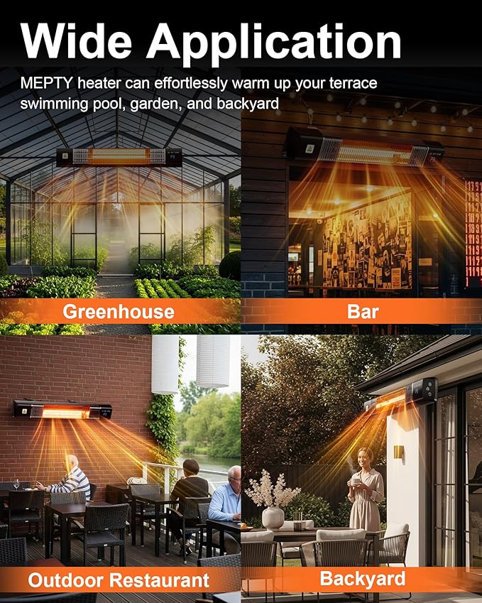 MEPTY Electric Patio Heaters for Outdoor Use, Infrared Outdoor Heater with Remote, Waterproof, Timer, 3 Heating Level, Quiet, Overheat Protection, Wall Heater for Backyard, Porch, Garage