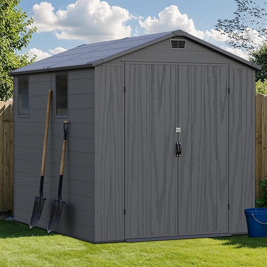 Greesum 6×8FT Plastic Outdoor Storage Shed with Floor, Resin Storaged Sheds with Lockable Double Door, Windows & Vents, All-Weather Tool Sheds for Garden, Backyard, Patio, Dark Gray