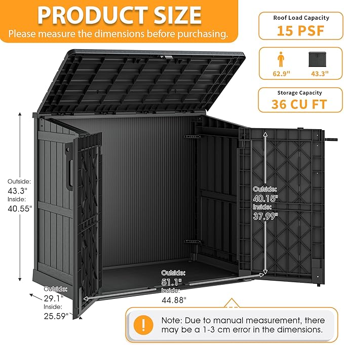 LHBcraft Outdoor Storage Cabinet 36 Cu Ft with Lockable Doors, Portable Horizontal Resin Storage Shed - Easy to Assemble, Waterproof Small Storage Shed with Floor Black