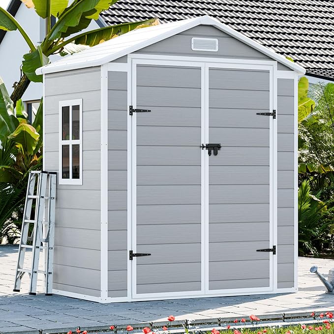 6x3 Shed Resin Outdoor Storage with Floor Included, Waterproof Lockable Small Plastic Garden Tool Sheds Cabinet