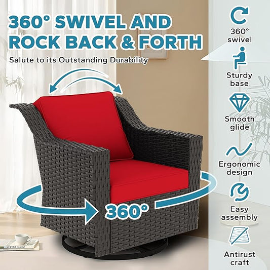 7 Pieces Outdoor Conversation Furniture Set - 77" Patio Sofa, 2 Swivel Rocker Chairs, 2 Ottomans, 1 Side Table, 1 Metal Table, Wicker Couch with Washable Cushions for Balcony (Red)