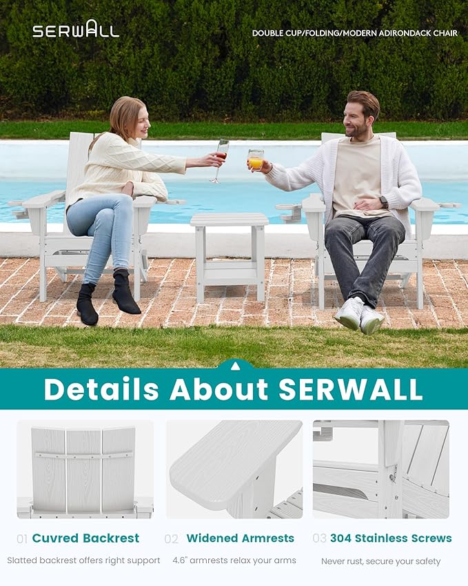 SERWALL Modern Folding Adirondack Chair with Cup Holders, All Weather Resistant Outdoor Adirondack Chair, HDPE Fire Pit Chair for Patio Lawn Graden, White