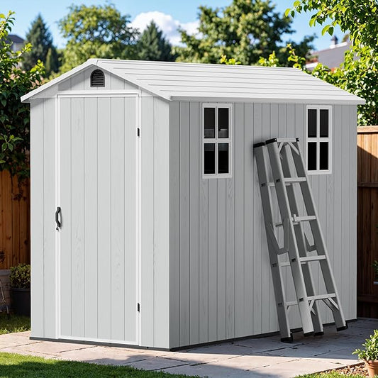 Greesum 4x8FT Plastic Outdoor Storage Shed with Floor, Resin Storaged Sheds with Lockable Door, Window & Vent, All-Weather Tool Sheds for Garden, Backyard, Patio, Light Gray (One-Piece Panel)