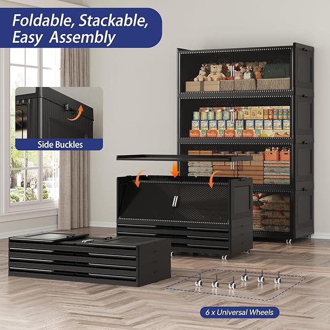 1280QT Extra Large Storage Bins with Lid and Wheels, 320Gal Stackable Closet Organizers and Storage Cabinet, Collapsible Storage Box Drawer with Doors for Home Kitchen Office Dorm, 4Pack Black