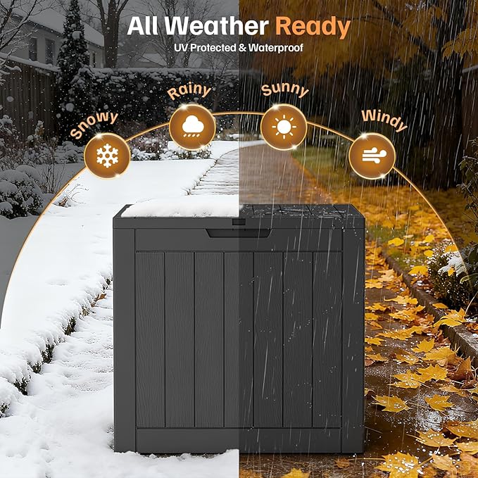 31 Gallon Deck Box, Small Outdoor Storage Box Waterproof, Outside Resin Storage Bin for Outdoor Patio Furniture Pillow, Pool Supply, Garden Tool, UV-Resistant and Weatherproof, Black