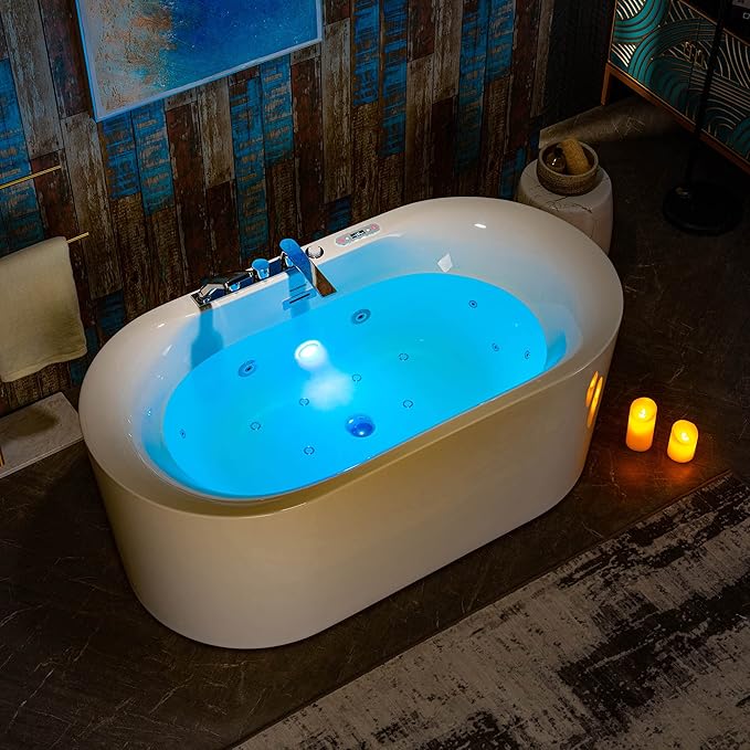 WOODBRIDGE 59" x 31-1/2" Whirlpool Water Jetted and Air Bubble Freestanding Heated Soaking Combination Bathtub with Faucet,BJ-100+F0041