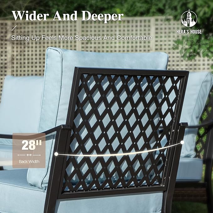 HERA'S HOUSE 6 Piece Metal Patio Furniture Set with 56" Fire Pit Table, All Weather Outdoor Conversation Set, 3 Seat Sofa, 2 Rocking Chairs, 2 Fixed Chairs, Seats 7 for Backyard, Garden, Deck, Blue