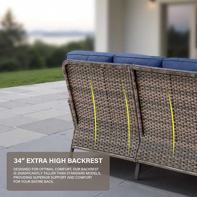 Belord 8 Pieces Patio Conversation Set with 43” Propane Fire Pit Table, Outdoor Sectional Furniture Sofa Set with Removable Cushions for Patio Deck Backyard Brown