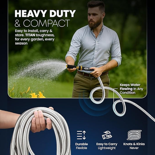 TITAN Garden Hose 15FT - 304 Stainless Steel Metal Water Hose, Flexible, Kink-Free, Lightweight, Durable, Crush Resistant Fittings, Easy to Coil, 500 PSI