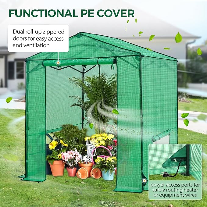6x6 Pop Up Walk-in Greenhouse, Indoor & Outdoor PE Cover Green House with Power Access Ports, Roll-up Zippered Doors and Windows, Green