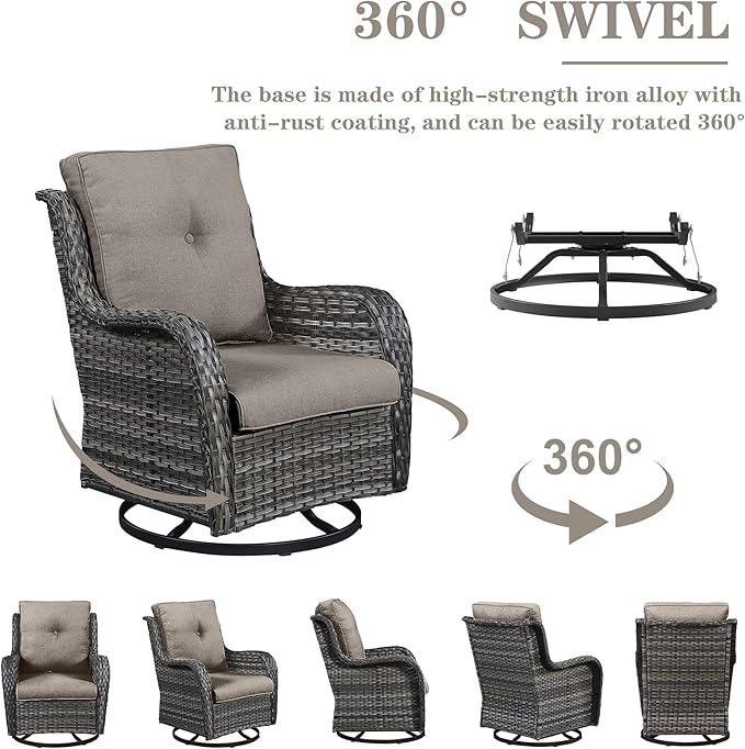 Belord Outdoor Patio Furniture Set with Propane Fire Pit Table, 7 Pieces Wicker Patio Conversation Set with 2 Swivel Glider Rocker Chair Rattan Sofa Grey Cushion Perfect for Casual Gathering