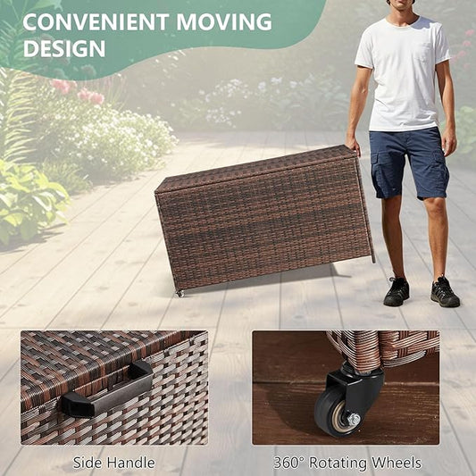 AVAWING 70 Gallon Wicker Deck Box, Outdoor Storage Container with 2 Universal Wheels & Hinged Lid, Patio Rattan Furniture for Garden Tools, Pillows, Pool, Brown
