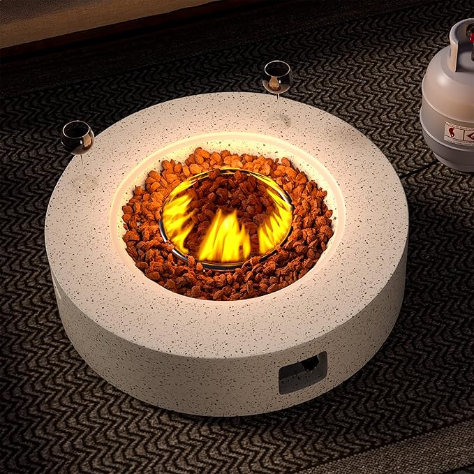 SUNBURY Outdoor 42inch Propane Fire Pit Table, 50,000 BTU Spotted White Patio Fire Table, Concrete Round Gas Fire Table w Lava Rocks