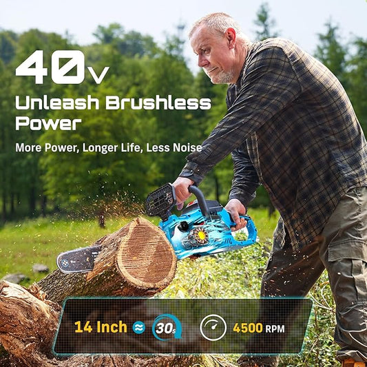 SEESII 40V 16-Inch Cordless Chainsaw: Brushless Electric Chain Saws with 2×4.0Ah Batteries & Charger, Tool-Free Chain Tension, Auto Oiling, for Tree Trimming, Wood Cutting, Yard Work
