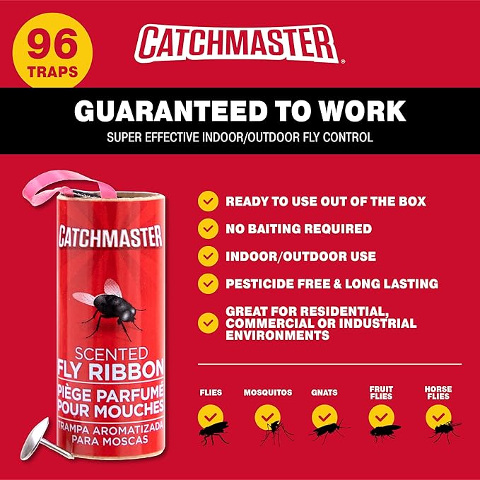 Catchmaster Fly Ribbon 96-Pack, Bug & Fruit Fly Traps Outdoor and Indoor, Premium Adhesive Sticky Fly Strips & Gnat Hanging Strips, Bulk Flying Insect Paper Rolls, Pesticide-Free Home Pest Control