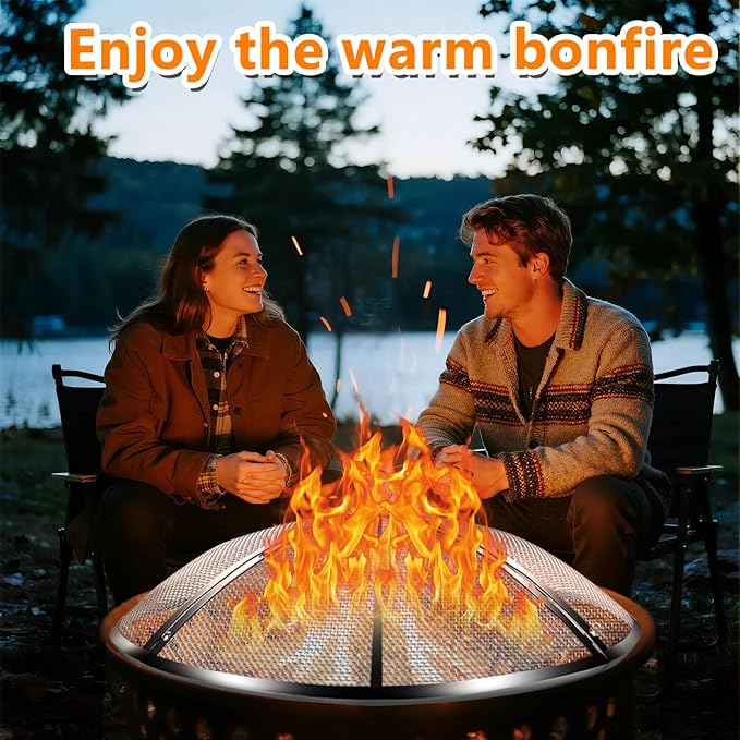 22Inch Fire Pit Spark Screen,Stainless Steel Fire Pit Screen Cover with Handle&Poker,Outdoor Fire Pit Screen Cover Round Mesh Lid Heavy-Duty for Backyard/Beach/RV Camping
